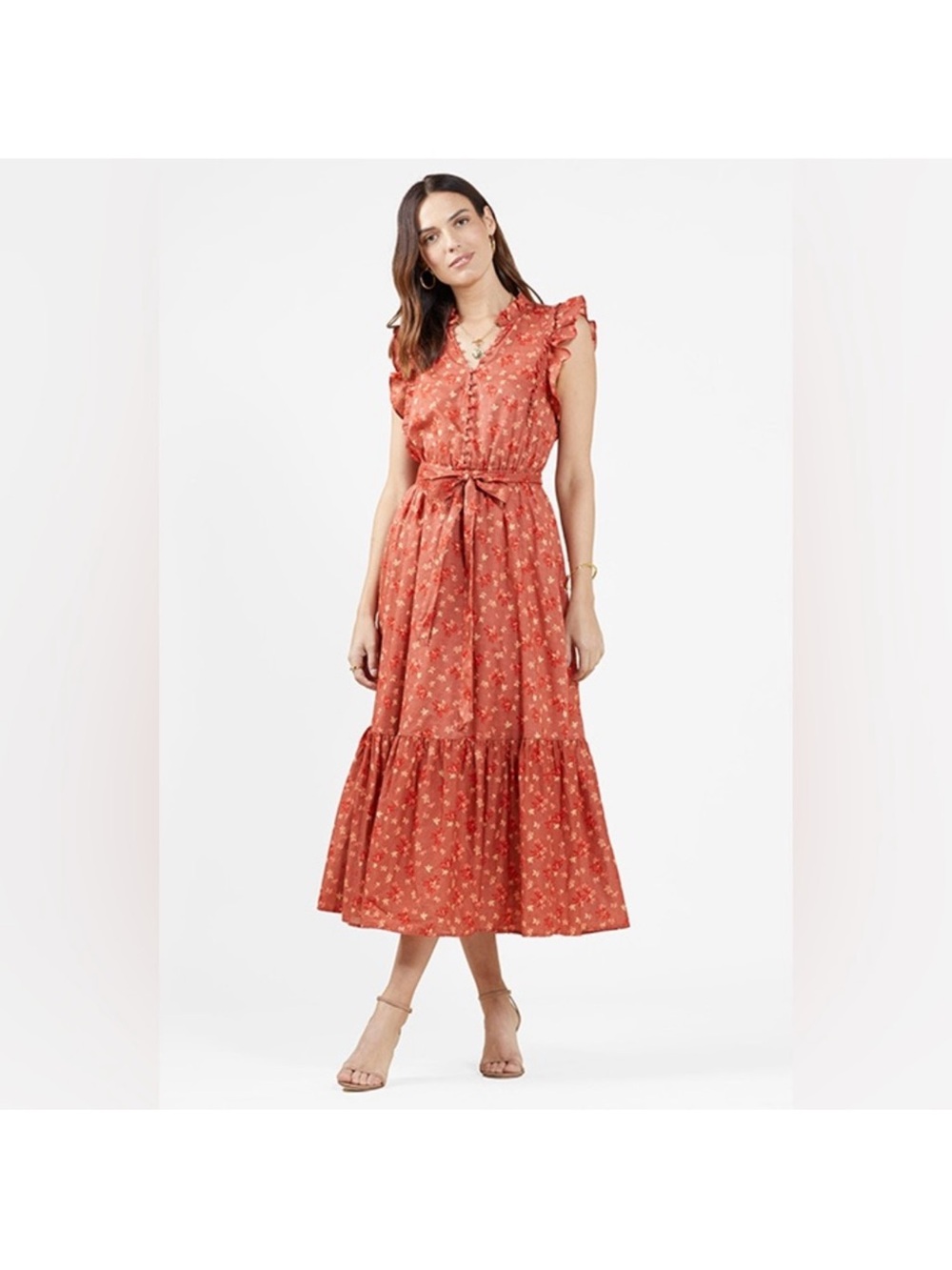 Outerknown Canyon Dress Coral Superbloom in Rust Floral, size small